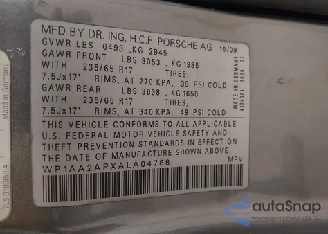 2010 Porsche Cayenne из США, поврежденный, VIN WP1AA2APXALA04788